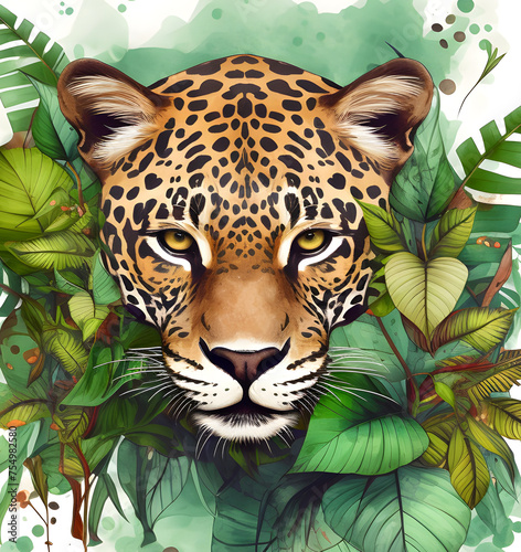 Drawing of an jaguar in the rainforest. Stylized illustration of a big cat. 