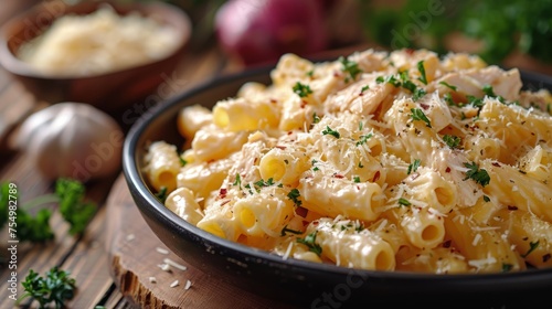 Closeup of macaroni and cheese, a comforting staple dish on a wooden table