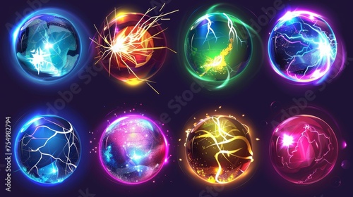 Mystic spheres with a mystic glow, lightning and sparks. Modern cartoon illustration of color glowing orbs with light effect, liquid plasma and fire.