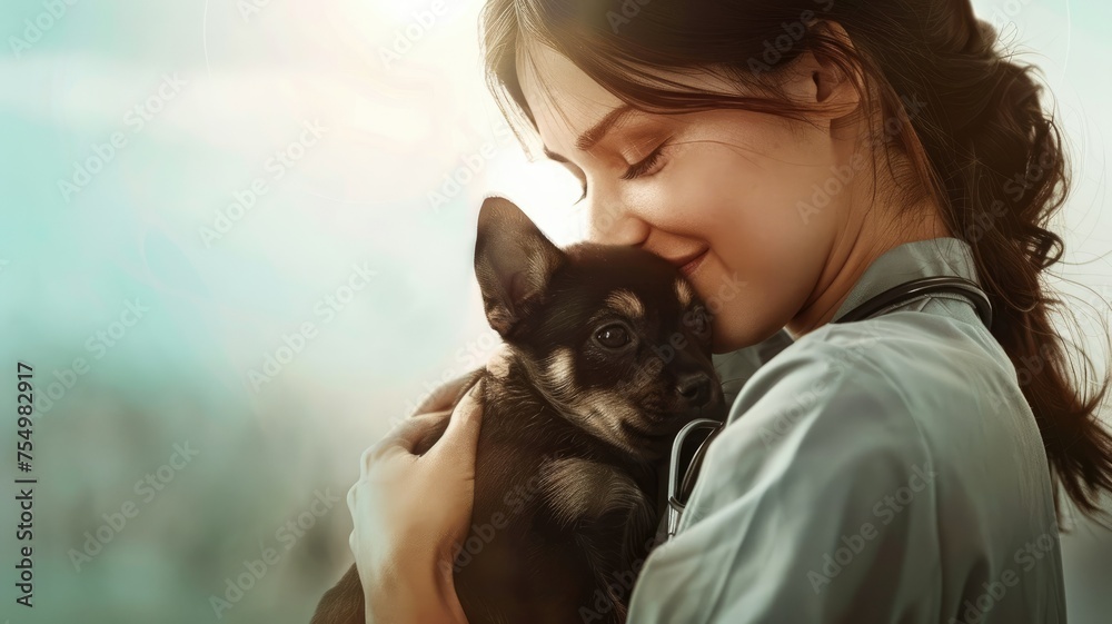 Vet consoling a distressed black dog in her arms - A vet provides solace to a distressed black dog, an emblem of the veterinary care commitment to animal welfare