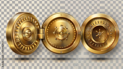 Modern realistic set of 3d closed and open hollow circle golden doors to bunker or bank safe isolated on transparent background.