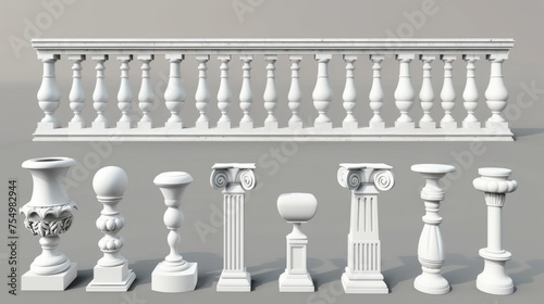 This modern realistic set contains 3D white stone or marble pillars, columns, ballusters, handrails, and base of the classic ancient fence. photo
