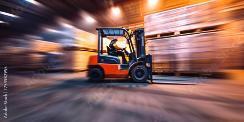 Forklift truck transporting boxes through warehouse environment with safety gear and caution signs displayed around area