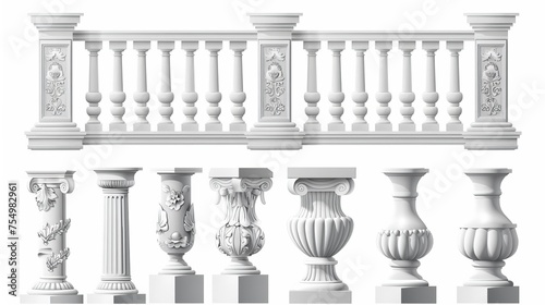 The architecture elements of a balcony, terrace, or parapet. Modern realistic set of white marble or stone pillars, columns, balusters, handrails, and bases. photo