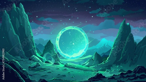 Fantasy illustration of mountain landscape with glowing mystic green in wooden frame, night scene with magic portal, fantastic energy door to alien world.