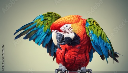  a colorful parrot sitting on top of a metal stand with its wings spread out and it s head turned to the side.