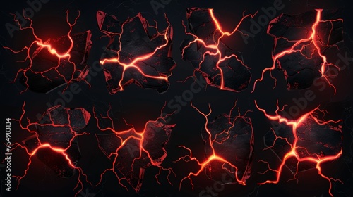 An isolated black background with lightning, electric impacts, or cracks in land with a red glow of magma or fire. Modern realistic set of lightning, electric impacts, or cracks with a magic glow in