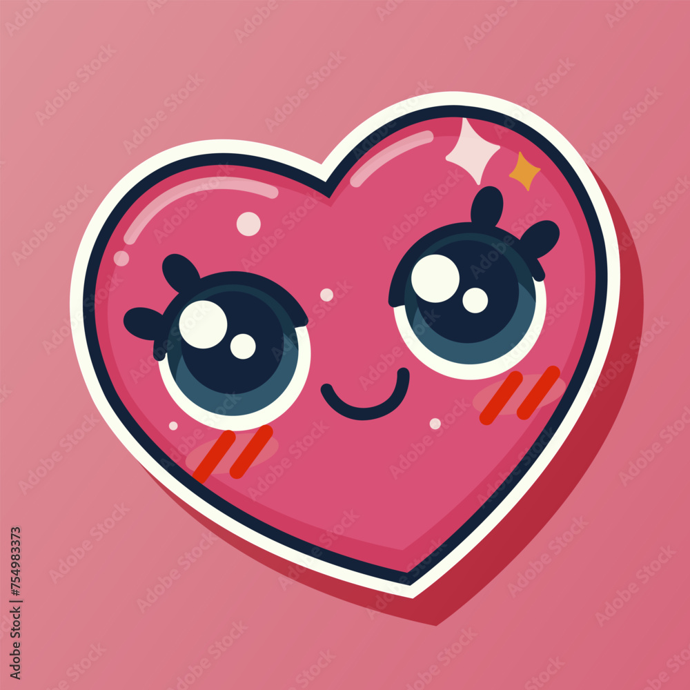 Cute cartoon designed sticker with pink smiling amazing heart. Lovely emoticon character. Cheerful emoji. Romantic expression. Isolated on pink background. Vector illustration Cute cartoon designed sticker with pink smiling amazing heart. Lovely emoticon character. Cheerful emoji. Romantic expression. Isolated on pink background. Vector illustration