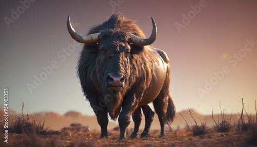  a bull with large horns standing on a dry grass covered field with mountains in the background and a pink sky in the background.