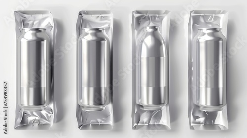A realistic 3D modern mockup of tin cans in plastic wrap, six soda or beer metal jars, steel cylinder canisters in transparent packs and cold drink bottles isolated on white.