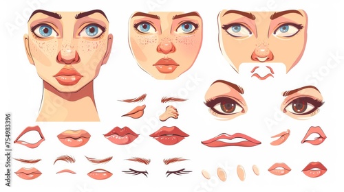 Modern cartoon set of female characters eyes, noses, brows, lips, and brows on white background. Skin pack for avatar generator.