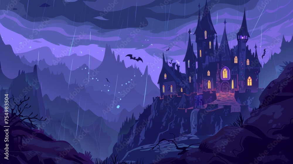 An old castle on a rock at night, a haunted palace in the mountains, a building with pointed tower roofs and glowing windows. Fantasy Dracula home, Cartoon modern illustration.
