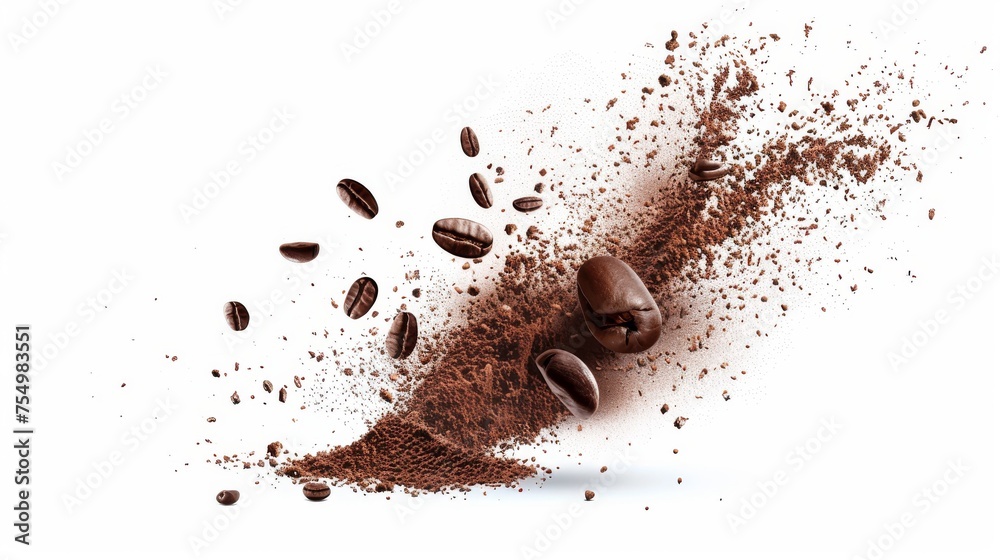 A burst of arabica grain with splashes of brown dust and shredded roasted ground coffee is shown isolated on a white background. Modern realistic illustration of espresso beans bursting on a white - obrazy, fototapety, plakaty 