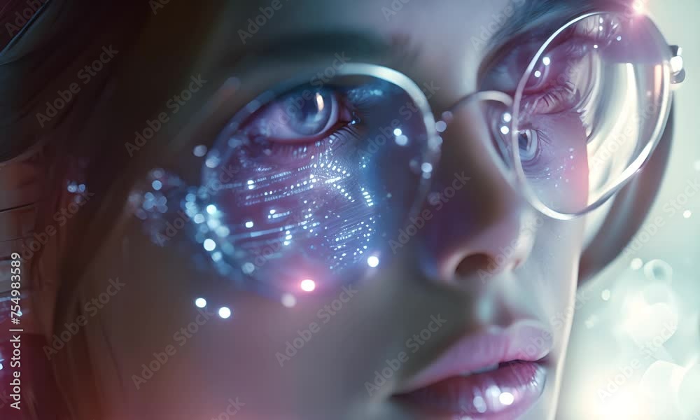 Young woman with blue eyes and glasses, reflection of technology in the glasses. The concept of the digital future and artificial intelligence. Young woman with blue eyes and glasses, reflection of technology in the glasses. The concept of the digital future and artificial intelligence.