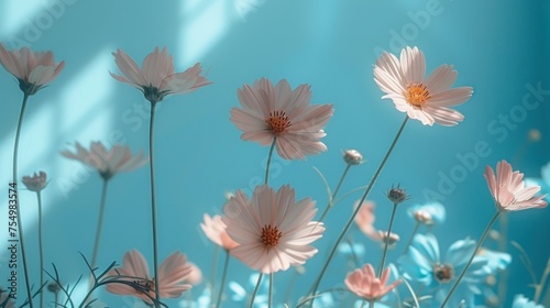a bunch of pink flowers on a blue background with a blurry image of the flowers in the foreground. photo