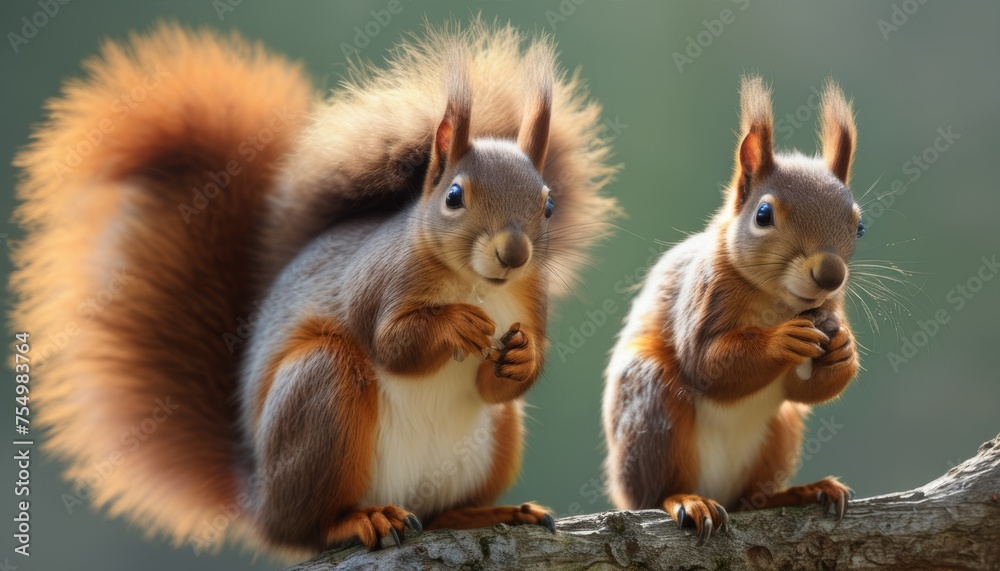 a couple of squirrels standing on top of a tree branch with their hands in their pockets and looking at each other. a couple of squirrels standing on top of a tree branch with their hands in their pockets and looking at each other.