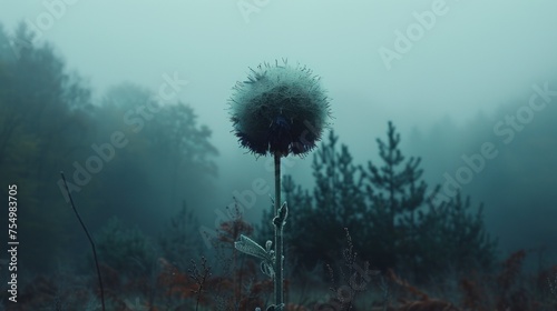 a dandelion in the middle of a field in the middle of a foggy day with trees in the background. photo