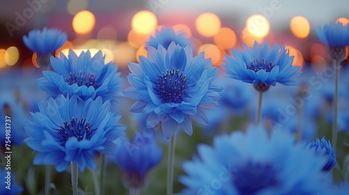 a field of blue flowers with a blurry background of the sun setting in the distance in the distance is a building in the distance. photo