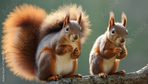  a couple of squirrels standing on top of a tree branch with their hands in their pockets and looking at each other. © Velko