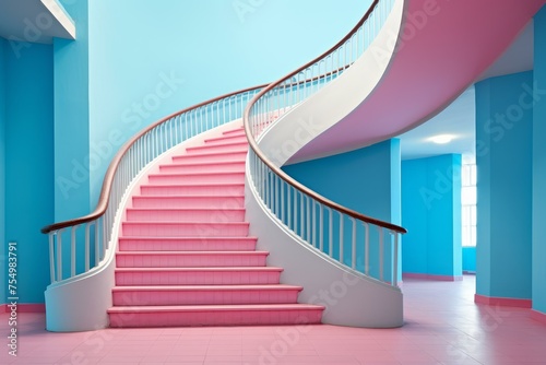 Dreamy Spiral stairs pink sky. Round tower. Generate Ai