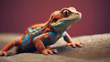  a close up of a lizard on a rock with a blurry back ground behind it and a red wall in the background.