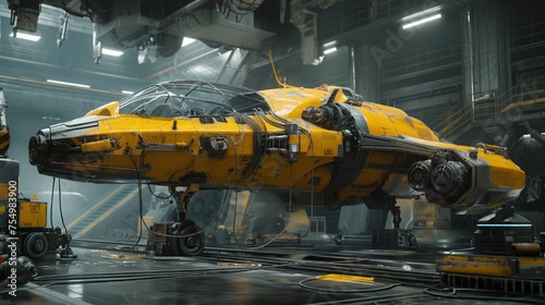 Yellow and black sci-fi fighter jet undergoing maintenance and upgrades in a futuristic factory hangar.