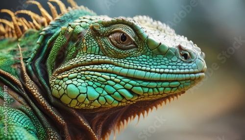  a close up of an iguana's head and neck, with a blurry background in the background. © Velko