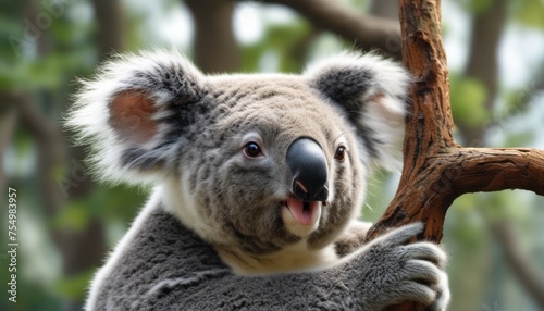  a close up of a koala on a tree with its mouth open and it s tongue hanging out.