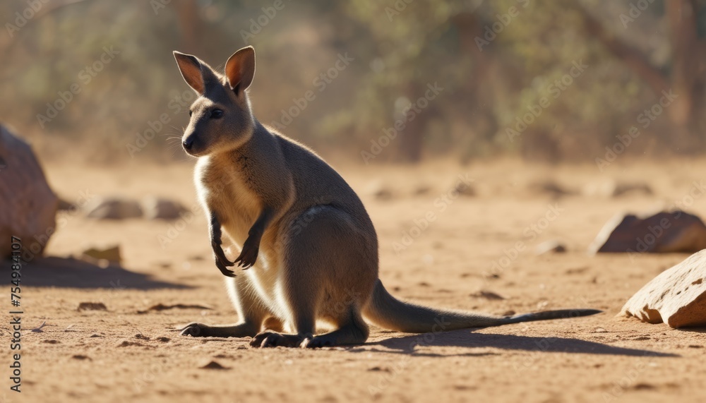  a kangaroo standing on its hind legs on a dirt ground with rocks and trees in the backgrouds.