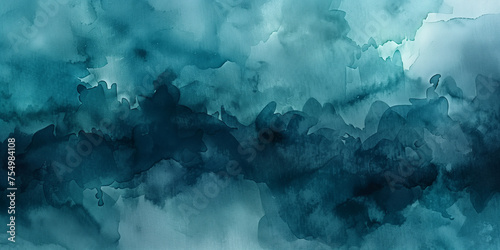 Abstract teal watercolor background with a dark blue stormy sky texture. Abstract banner for design, cover or poster. Watercolour background with copy space.