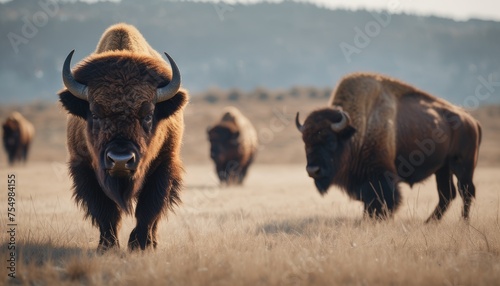  a herd of bison standing on top of a dry grass covered field with trees in the backgroup.