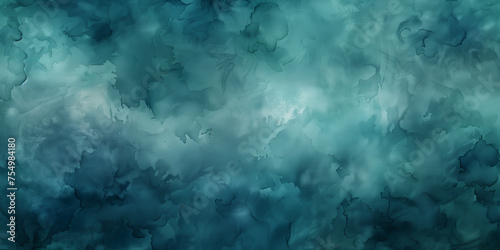 Abstract teal watercolor background with soft grunge texture and dark blue storm clouds. Painted watercolor banner for design, print or web presentation.