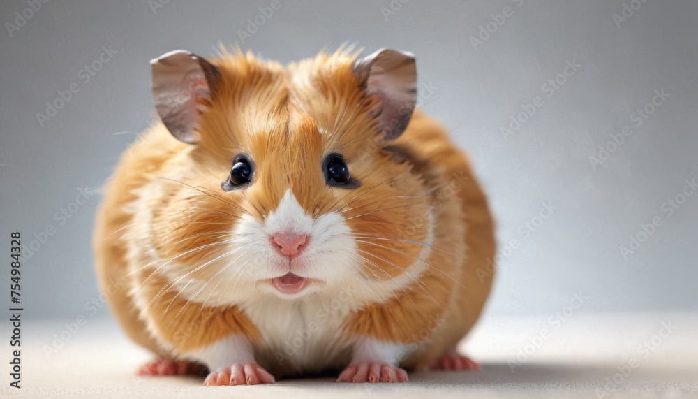 a close up of a brown and white hamster on a white surface looking at the camera with a surprised look on its face. a close up of a brown and white hamster on a white surface looking at the camera with a surprised look on its face.