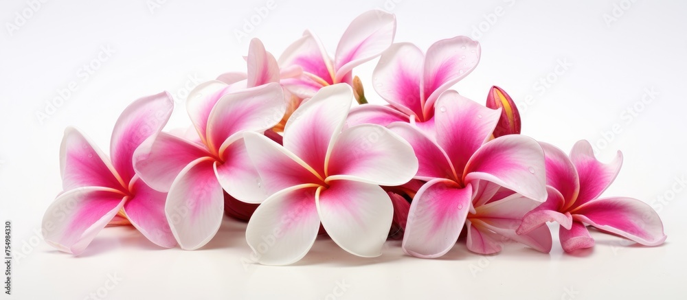 A variety of pink and white flowers, including frangipani, scattered on a white background. These terrestrial plants feature vibrant magenta petals, making them perfect cut flowers for bouquets A variety of pink and white flowers, including frangipani, scattered on a white background. These terrestrial plants feature vibrant magenta petals, making them perfect cut flowers for bouquets