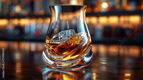 a glass of whiskey sitting on top of a table next to a glass filled with liquid and ice cubes. photo