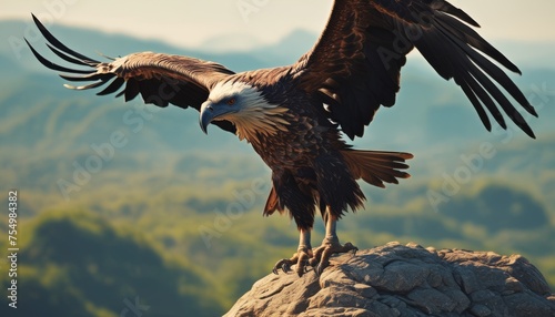  a large bird of prey sitting on top of a rocky outcropping with a mountain in the background.