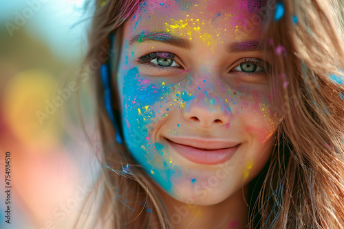 Close-up portrait of a girl looking at camera after playing with colourful holi powder during festival celebration. Holy colors festival.
