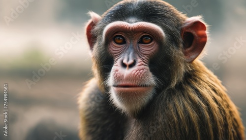  a close - up of a monkey's face with a blurry background and a blurry foreground. © Velko