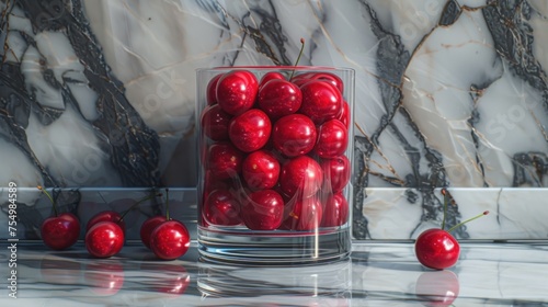 a glass vase filled with red cherries on top of a marble counter top next to a marble tile wall. photo