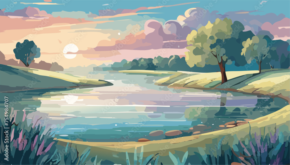 Fototapeta premium Landscape with lake or river on the sunset