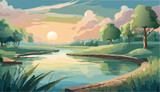 Landscape with lake or river on the sunset