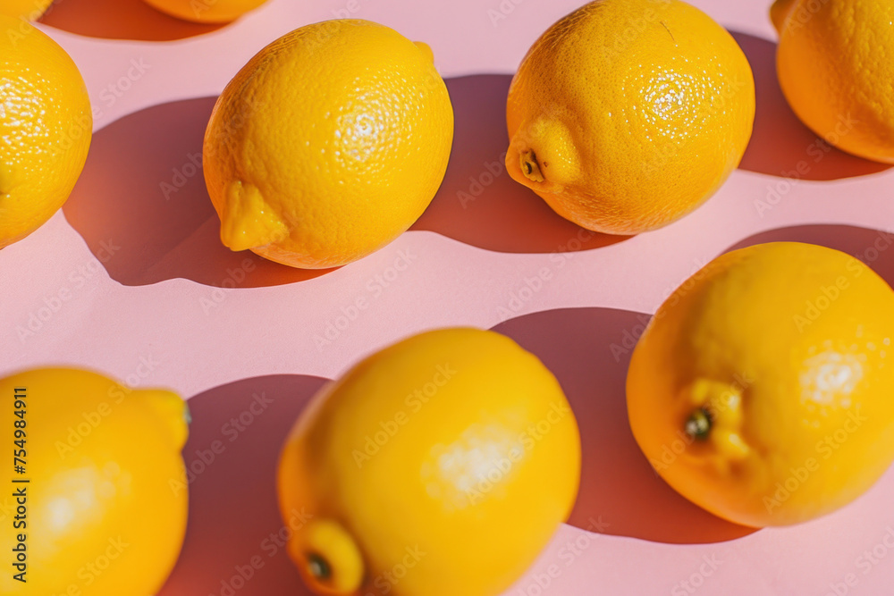 Vibrant Lemons Casting Shadow Layers on Pink Surface in Harmonious Display of Citrus Freshness Vibrant Lemons Casting Shadow Layers on Pink Surface in Harmonious Display of Citrus Freshness