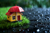The image of an umbrella and a toy house symbolizes property insurance, Yellow Umbrella Shielding Miniature House: Concept of Home Insurance Protection