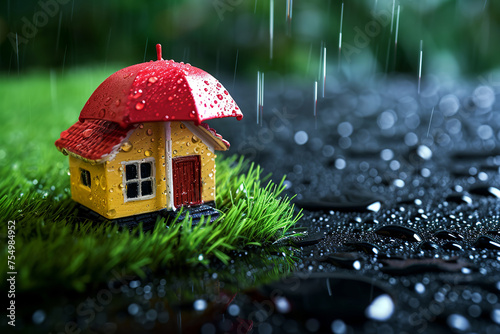 The image of an umbrella and a toy house symbolizes property insurance, Yellow Umbrella Shielding Miniature House: Concept of Home Insurance Protection
