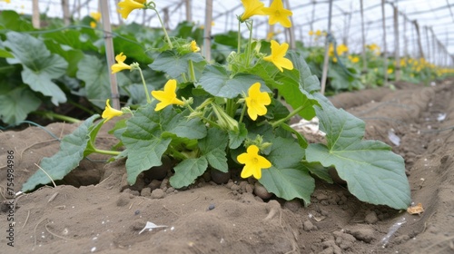 a close up of a plant with yellow flowers in a field of dirt and plants with green leaves in the background. photo