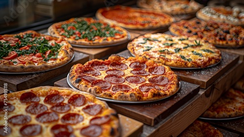 A variety of Italian pizzas, including margherita, pepperoni, and vegetable, displayed on a table.