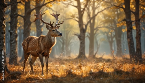  a deer standing in the middle of a forest with its antlers hanging out of it s antlers.