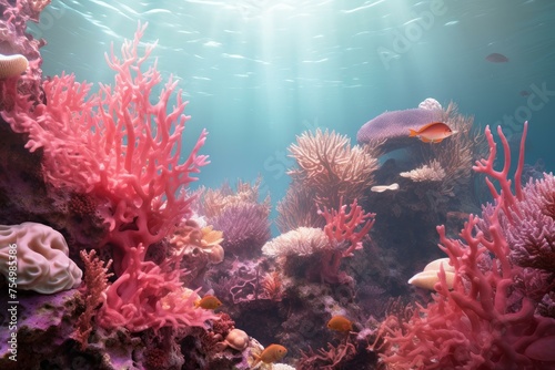 Lush Pink coral reef ocean nature. Sea tropical marine underwater. Generate Ai