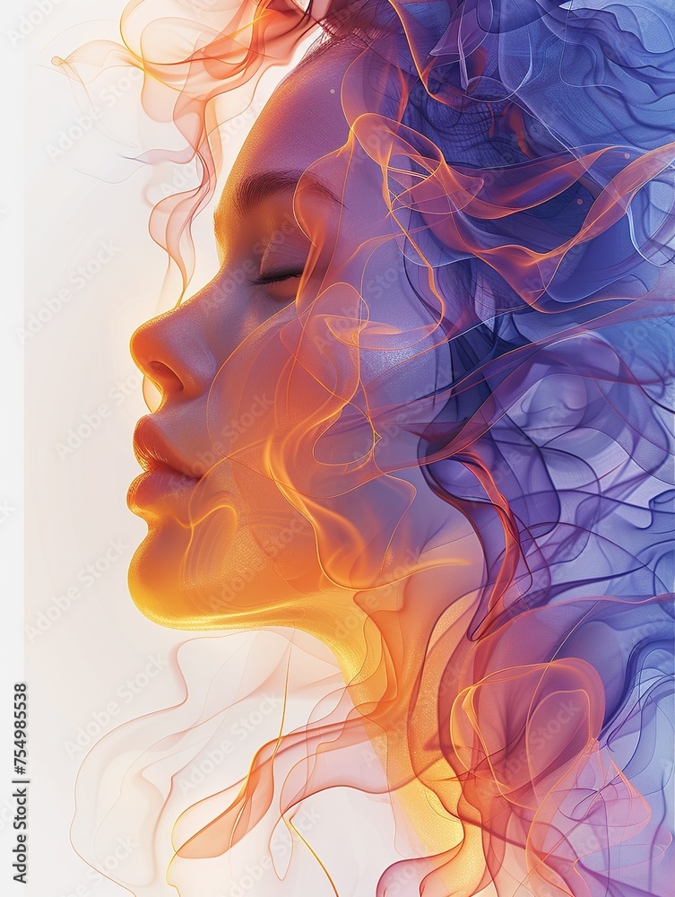 impression face Contemporary artwork of women with iridescent opalescent colours liquid or smoke style