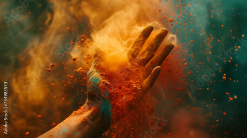 A hand reaches out, touching the vibrant mist of colors, feeling the essence of the Holi festival.